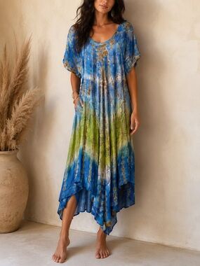 Exist Y2K Blue Green Tie-Dye Boho Maxi Dress One Size Fits Like a L/XL